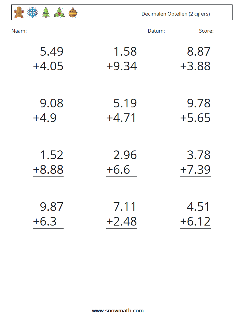 (12) Decimalen Optellen (2 cijfers) Wiskundige werkbladen 16