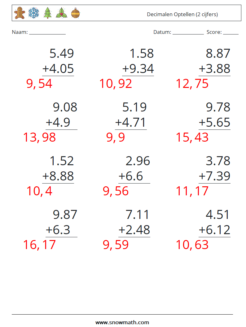 (12) Decimalen Optellen (2 cijfers) Wiskundige werkbladen 16 Vraag, Antwoord
