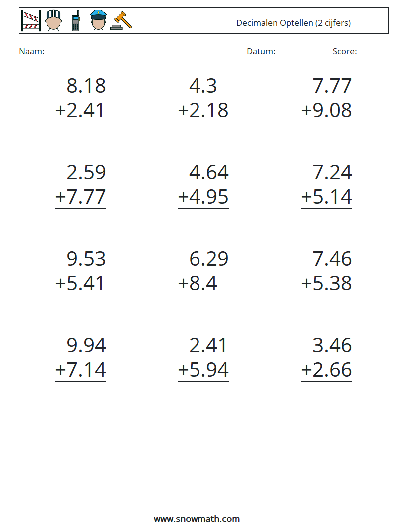 (12) Decimalen Optellen (2 cijfers) Wiskundige werkbladen 17