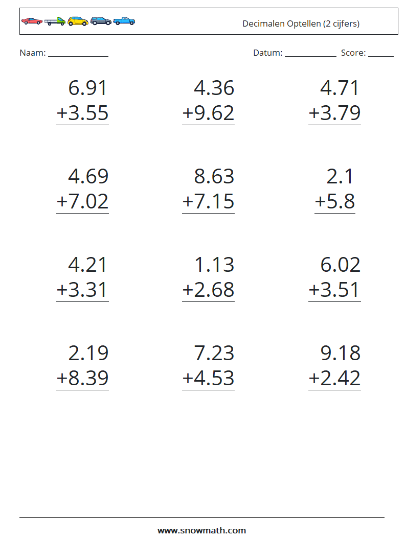 (12) Decimalen Optellen (2 cijfers) Wiskundige werkbladen 18