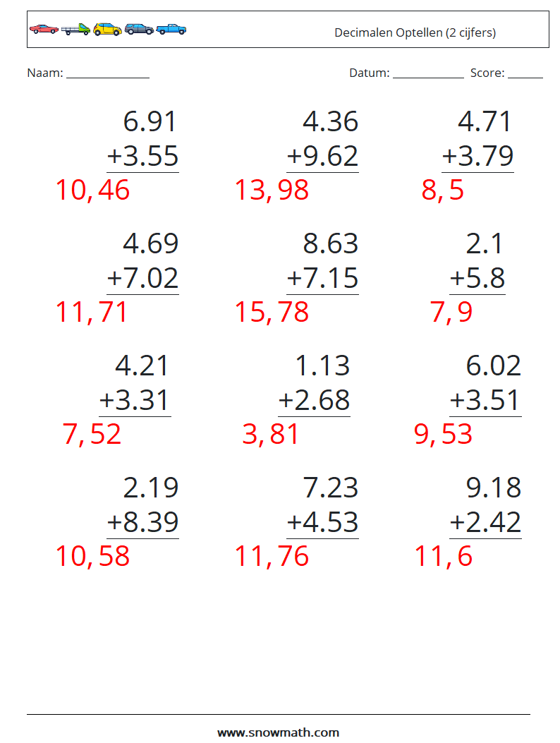 (12) Decimalen Optellen (2 cijfers) Wiskundige werkbladen 18 Vraag, Antwoord