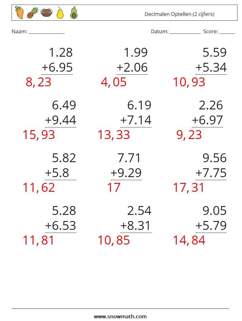 (12) Decimalen Optellen (2 cijfers) Wiskundige werkbladen 2 Vraag, Antwoord