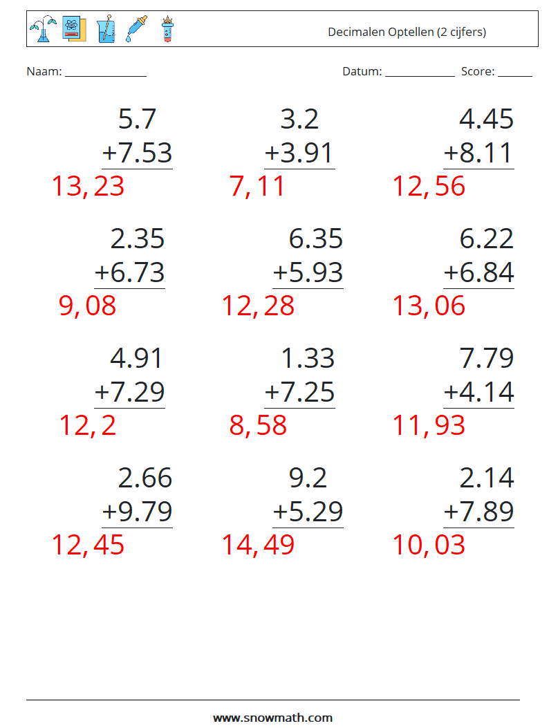 (12) Decimalen Optellen (2 cijfers) Wiskundige werkbladen 5 Vraag, Antwoord