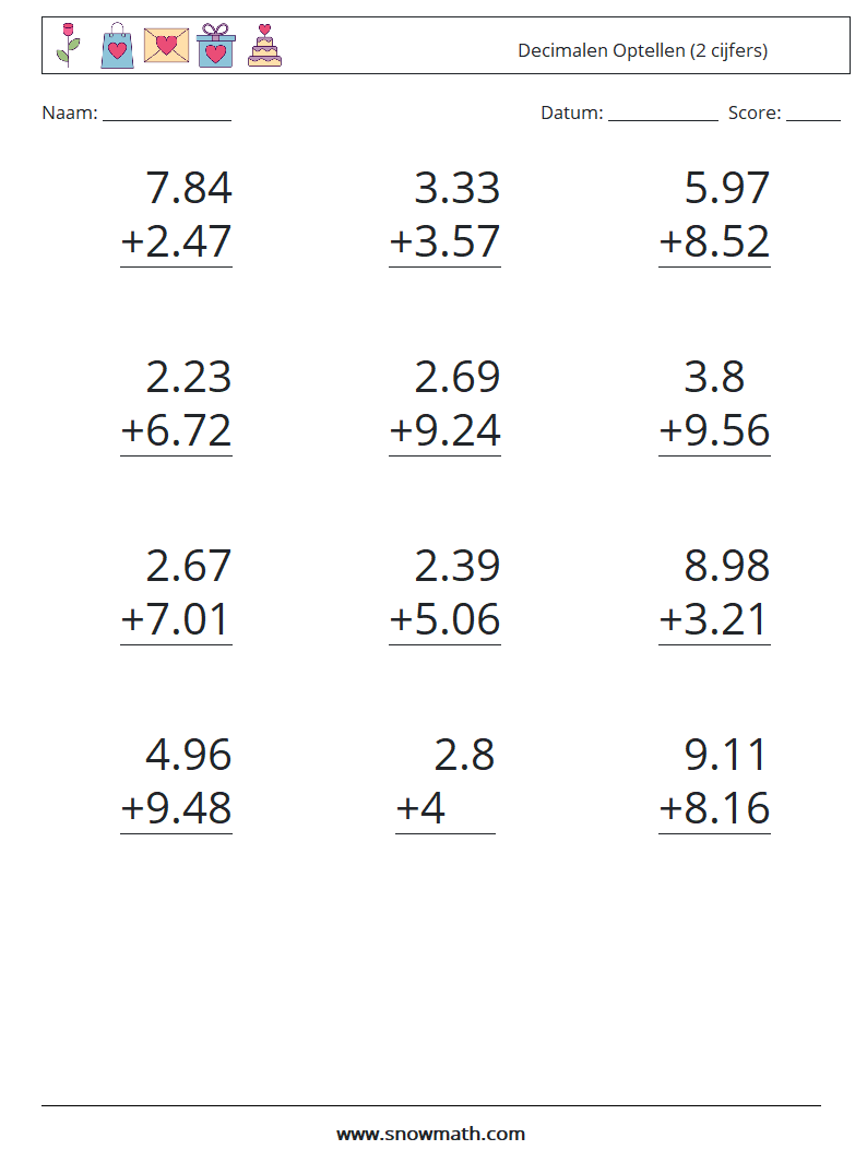 (12) Decimalen Optellen (2 cijfers) Wiskundige werkbladen 7