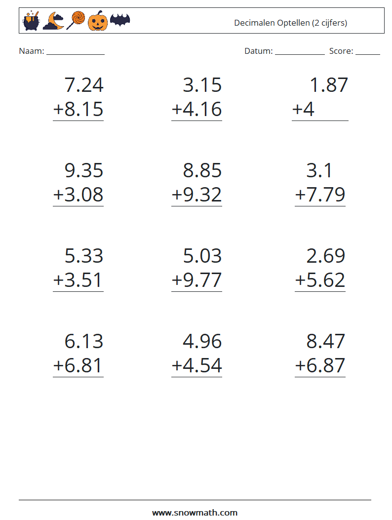 (12) Decimalen Optellen (2 cijfers) Wiskundige werkbladen 8