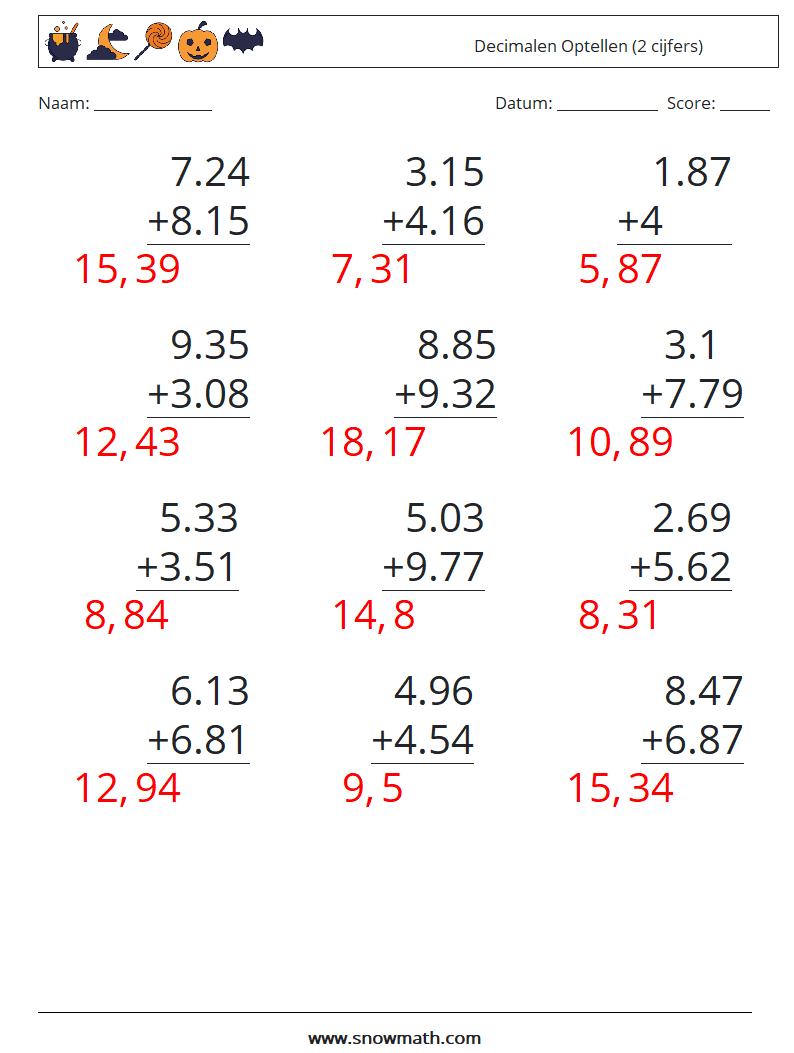 (12) Decimalen Optellen (2 cijfers) Wiskundige werkbladen 8 Vraag, Antwoord