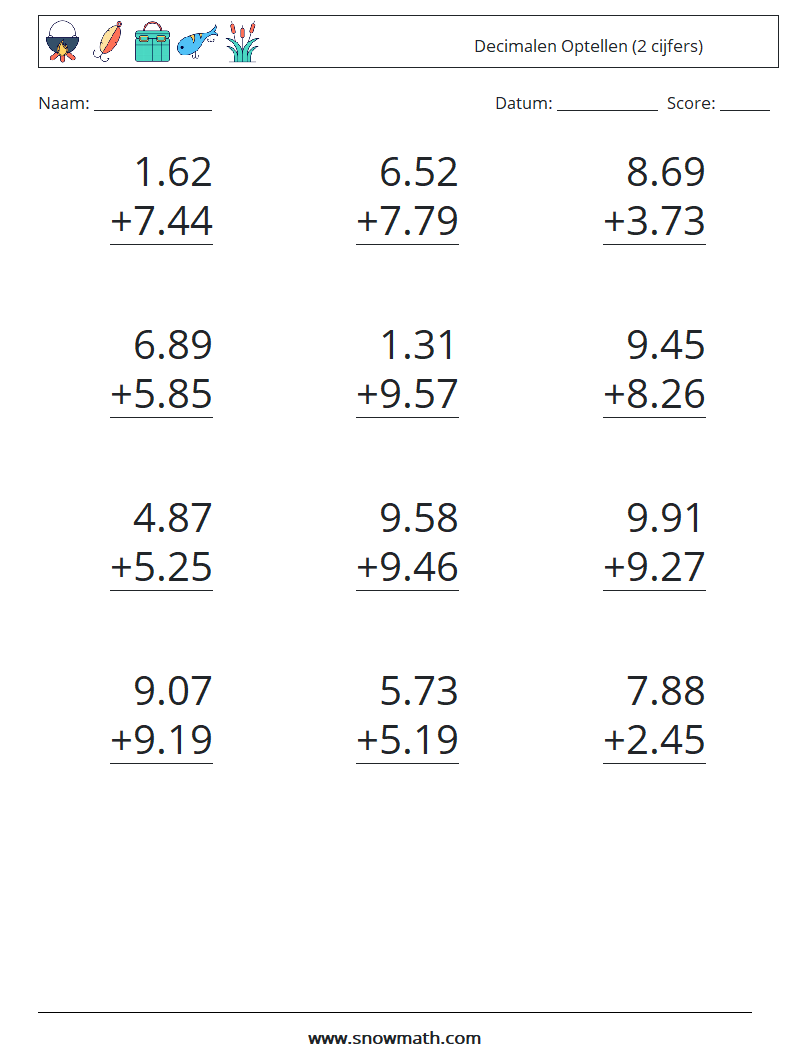(12) Decimalen Optellen (2 cijfers) Wiskundige werkbladen 9