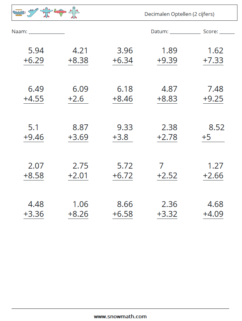 (25) Decimalen Optellen (2 cijfers)