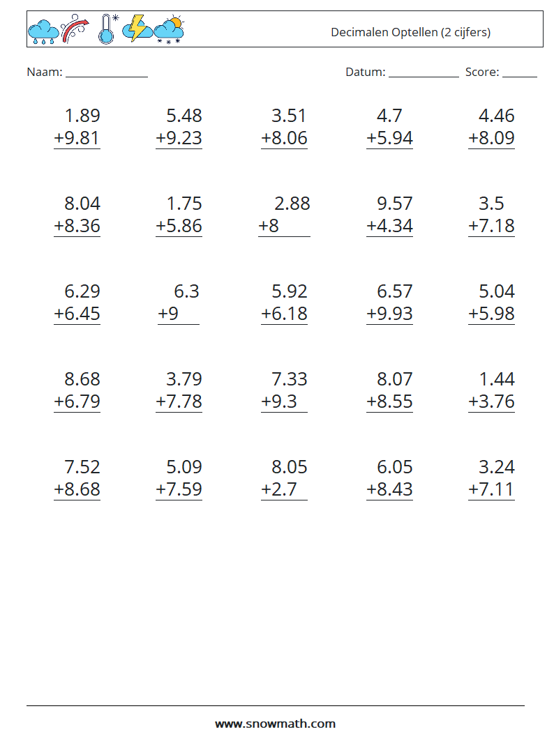 (25) Decimalen Optellen (2 cijfers) Wiskundige werkbladen 10