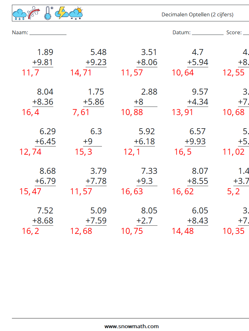 (25) Decimalen Optellen (2 cijfers) Wiskundige werkbladen 10 Vraag, Antwoord