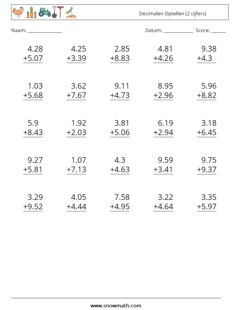 (25) Decimalen Optellen (2 cijfers) Wiskundige werkbladen 11