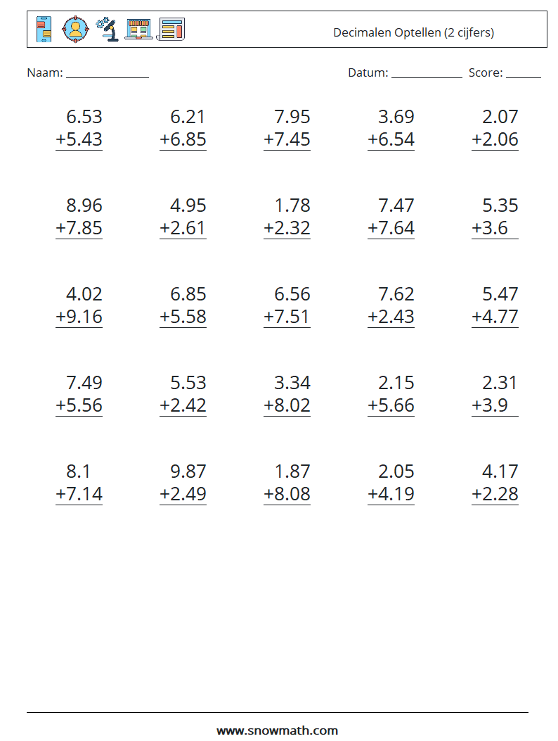(25) Decimalen Optellen (2 cijfers) Wiskundige werkbladen 12