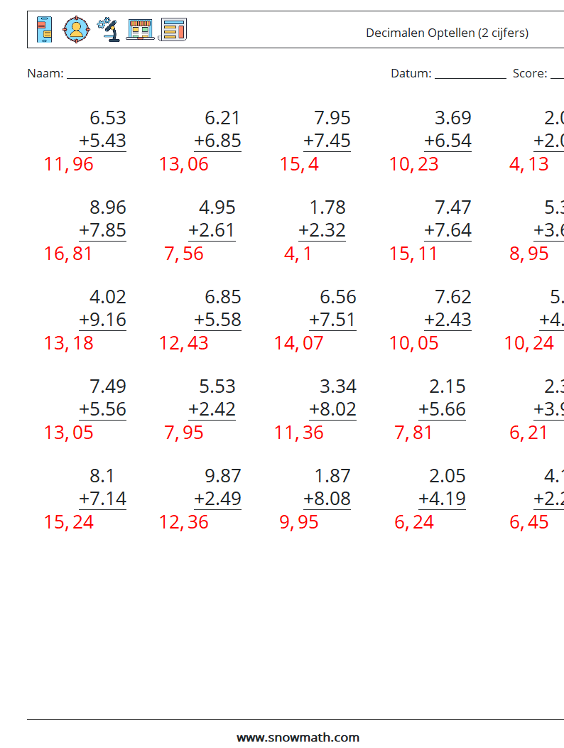 (25) Decimalen Optellen (2 cijfers) Wiskundige werkbladen 12 Vraag, Antwoord