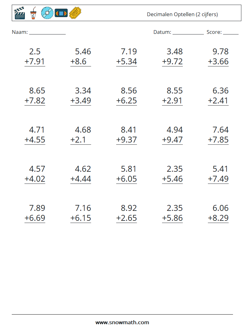 (25) Decimalen Optellen (2 cijfers) Wiskundige werkbladen 13