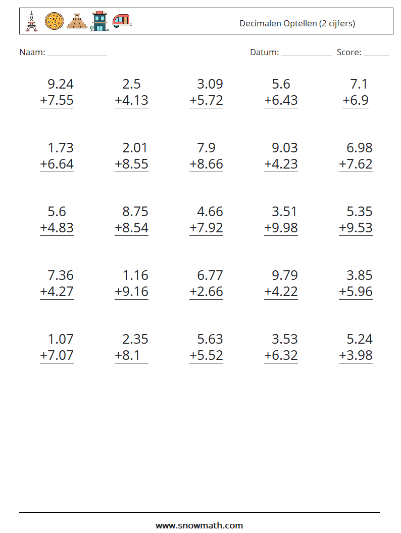 (25) Decimalen Optellen (2 cijfers) Wiskundige werkbladen 14