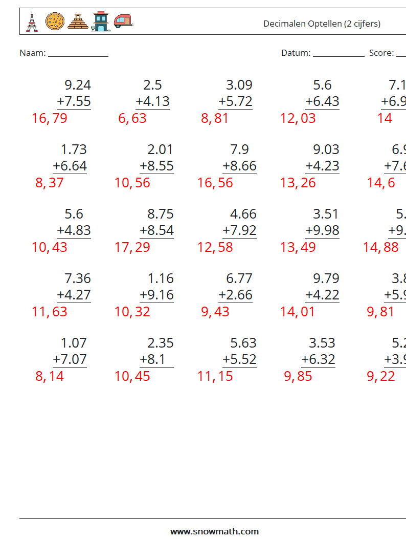 (25) Decimalen Optellen (2 cijfers) Wiskundige werkbladen 14 Vraag, Antwoord