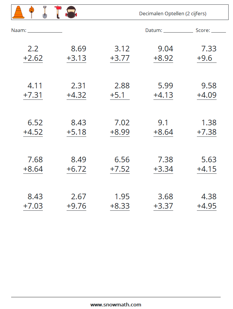 (25) Decimalen Optellen (2 cijfers) Wiskundige werkbladen 15
