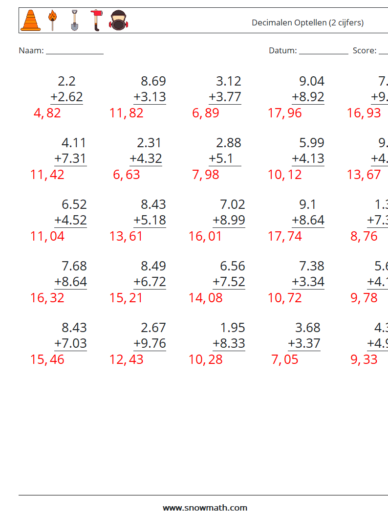 (25) Decimalen Optellen (2 cijfers) Wiskundige werkbladen 15 Vraag, Antwoord