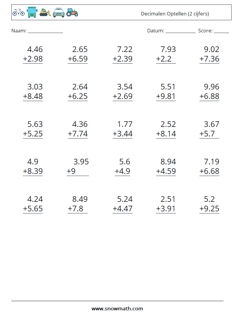 (25) Decimalen Optellen (2 cijfers) Wiskundige werkbladen 16