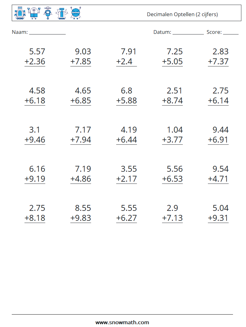 (25) Decimalen Optellen (2 cijfers) Wiskundige werkbladen 17