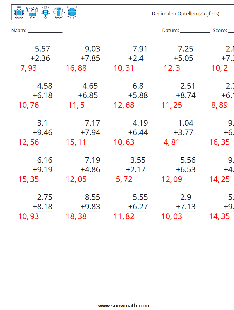 (25) Decimalen Optellen (2 cijfers) Wiskundige werkbladen 17 Vraag, Antwoord