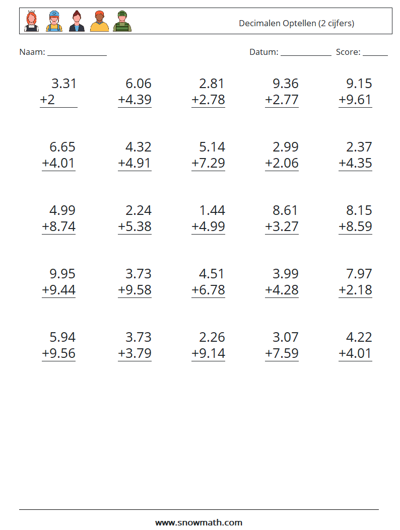 (25) Decimalen Optellen (2 cijfers) Wiskundige werkbladen 18