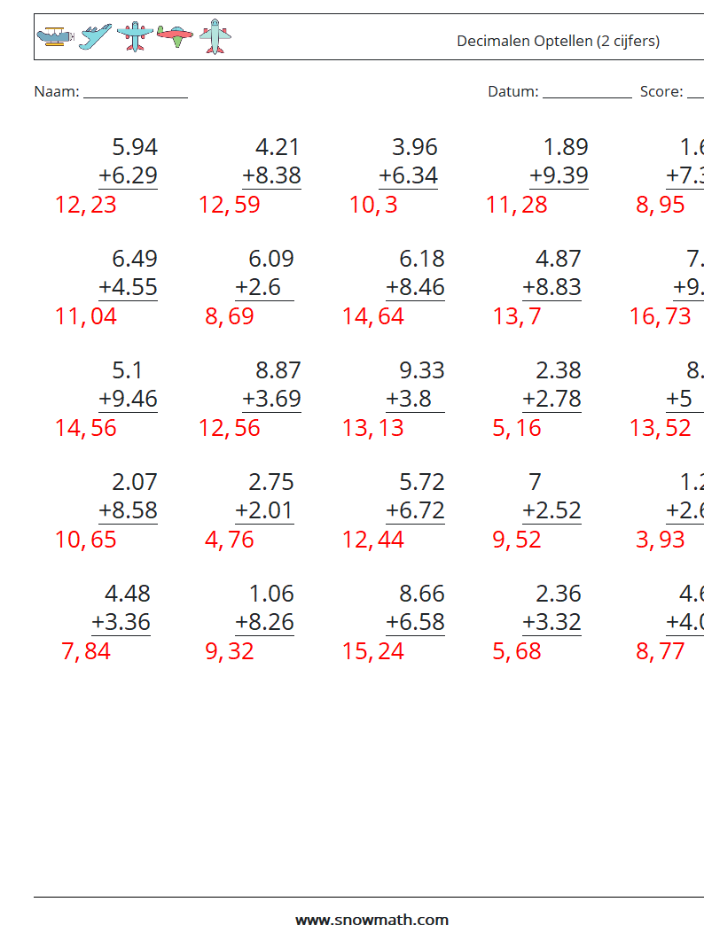 (25) Decimalen Optellen (2 cijfers) Wiskundige werkbladen 1 Vraag, Antwoord