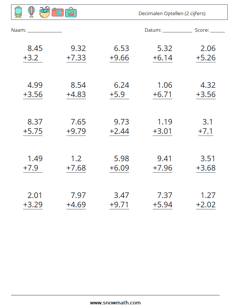 (25) Decimalen Optellen (2 cijfers) Wiskundige werkbladen 2
