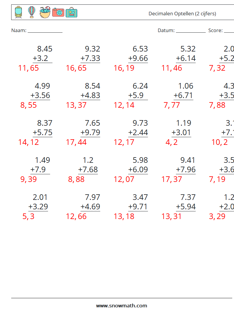 (25) Decimalen Optellen (2 cijfers) Wiskundige werkbladen 2 Vraag, Antwoord