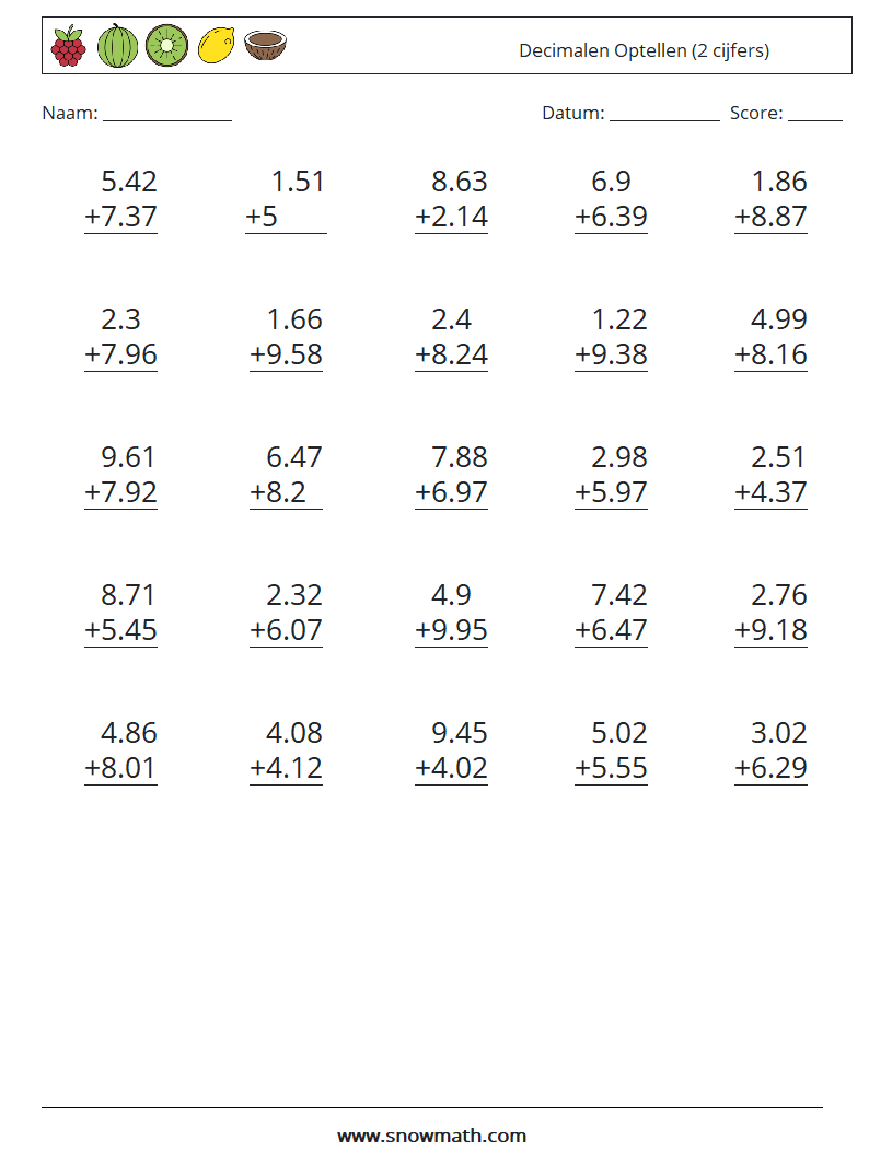 (25) Decimalen Optellen (2 cijfers) Wiskundige werkbladen 3