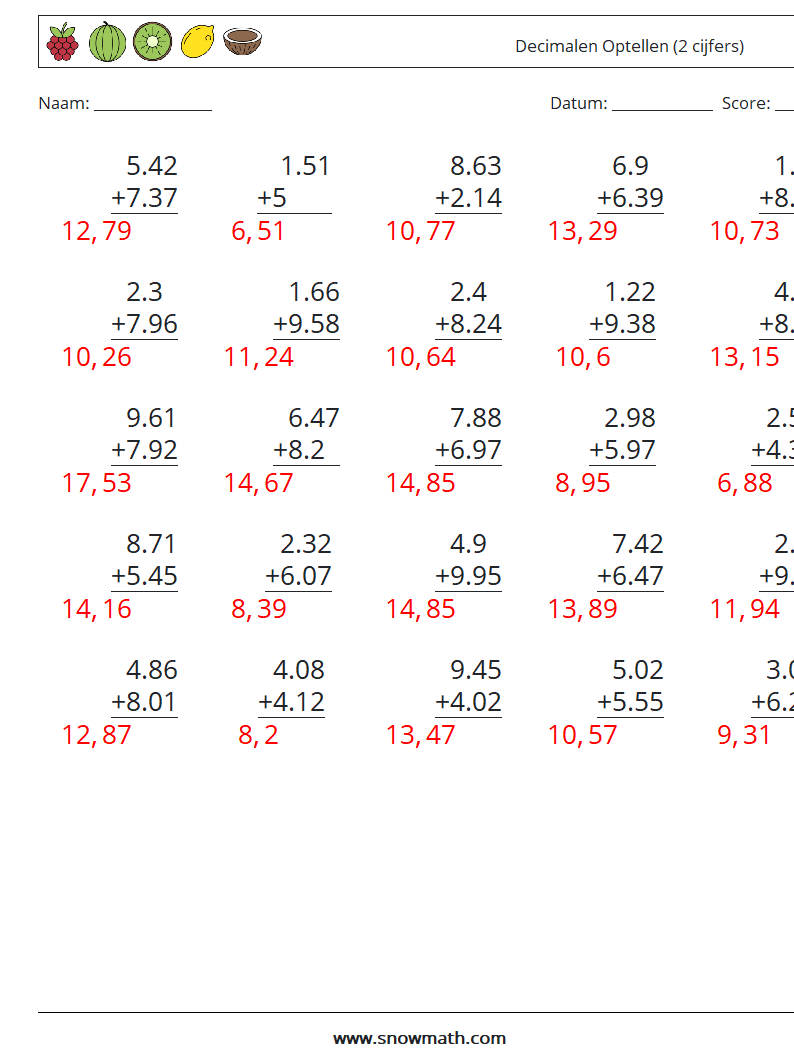 (25) Decimalen Optellen (2 cijfers) Wiskundige werkbladen 3 Vraag, Antwoord