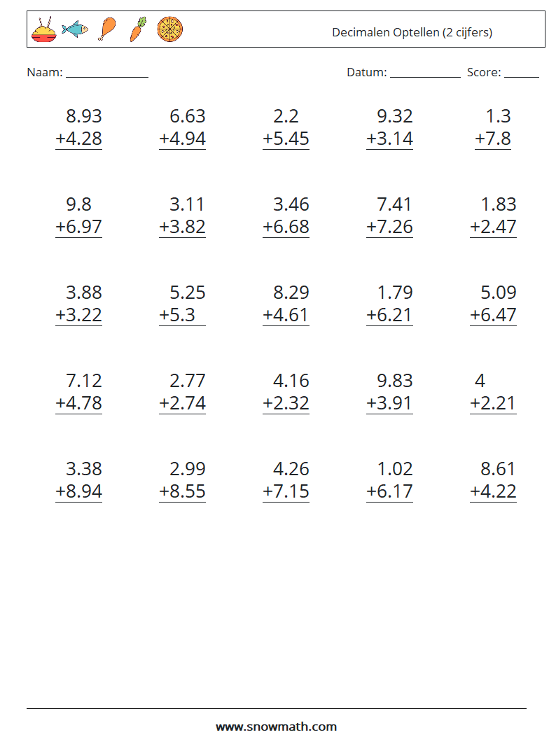 (25) Decimalen Optellen (2 cijfers) Wiskundige werkbladen 4