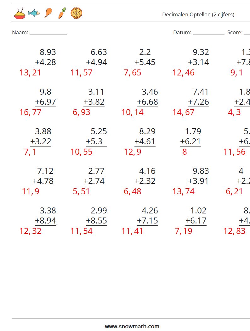(25) Decimalen Optellen (2 cijfers) Wiskundige werkbladen 4 Vraag, Antwoord