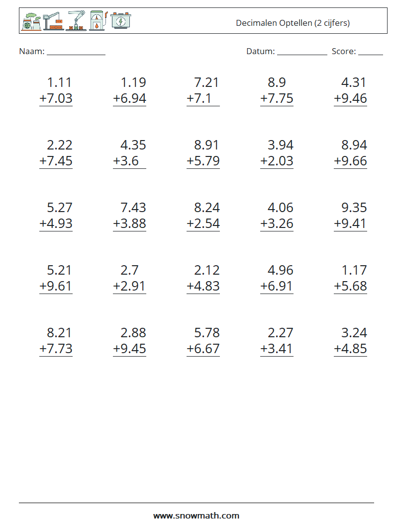 (25) Decimalen Optellen (2 cijfers) Wiskundige werkbladen 5
