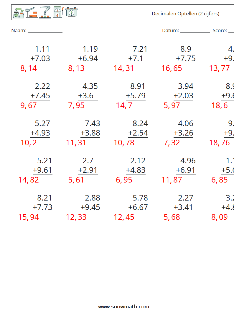 (25) Decimalen Optellen (2 cijfers) Wiskundige werkbladen 5 Vraag, Antwoord