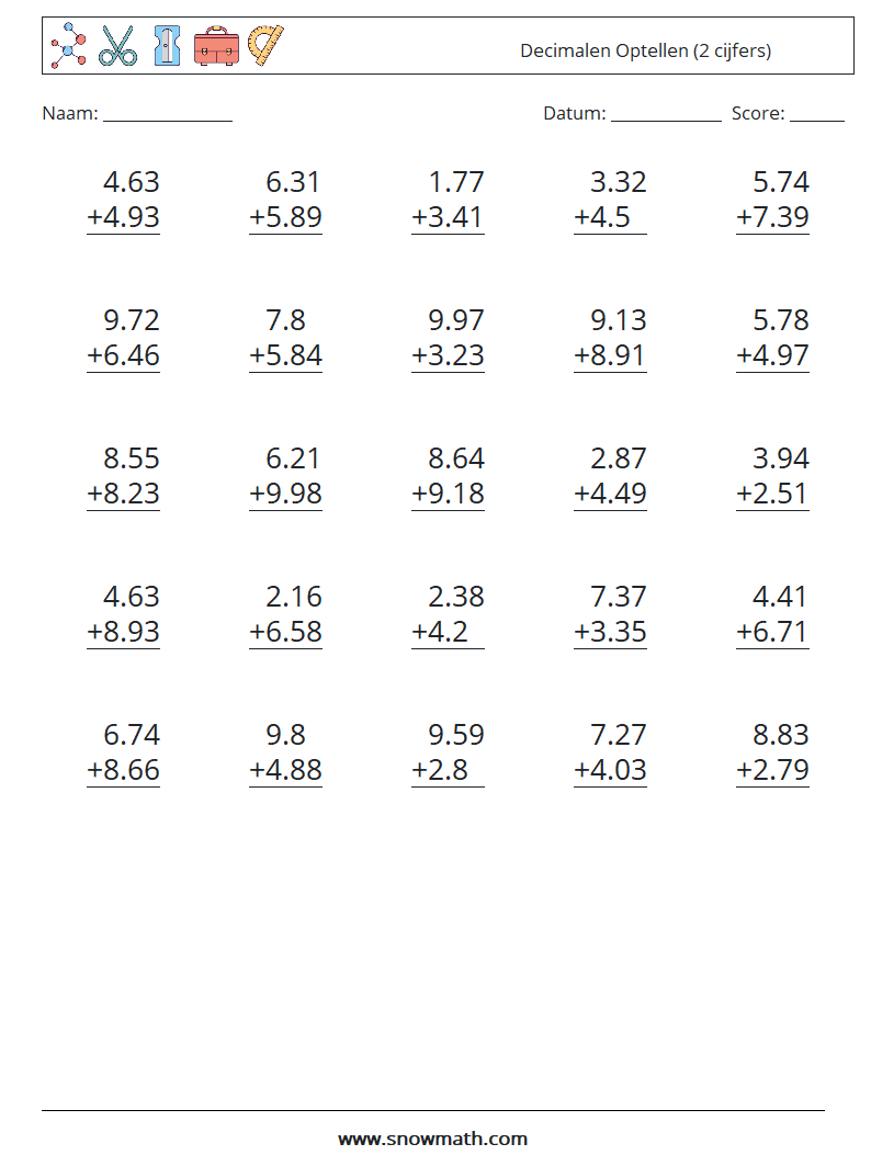 (25) Decimalen Optellen (2 cijfers) Wiskundige werkbladen 6