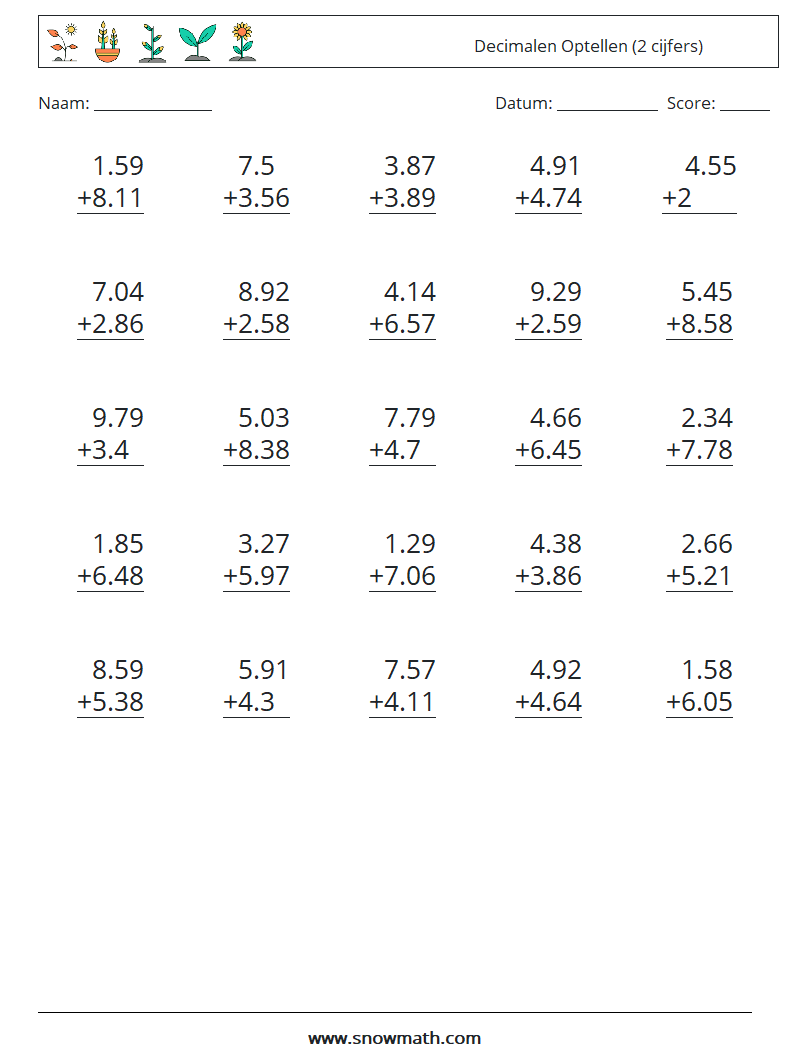(25) Decimalen Optellen (2 cijfers) Wiskundige werkbladen 7