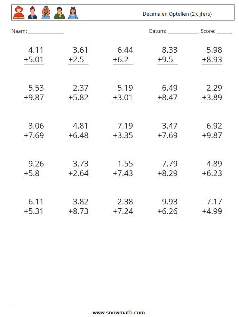 (25) Decimalen Optellen (2 cijfers) Wiskundige werkbladen 8