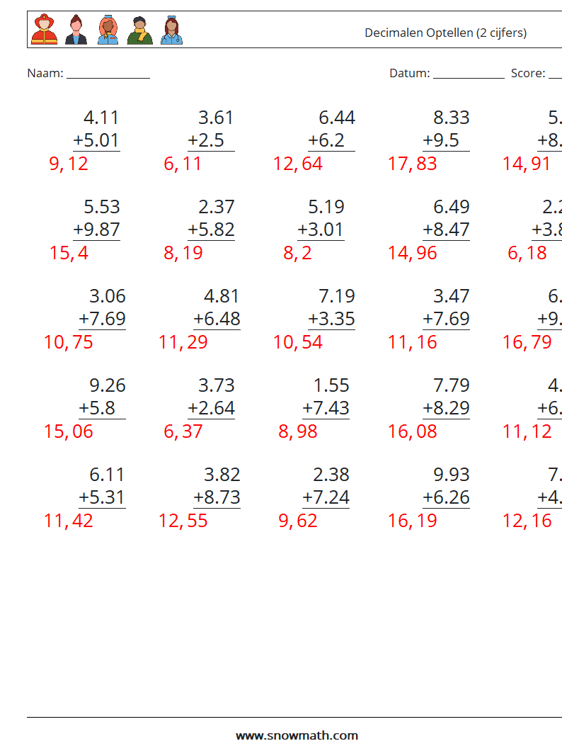 (25) Decimalen Optellen (2 cijfers) Wiskundige werkbladen 8 Vraag, Antwoord