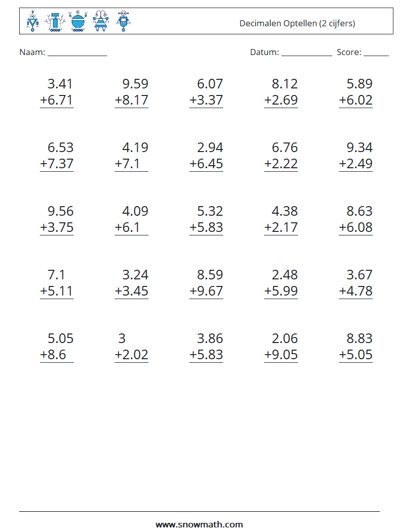 (25) Decimalen Optellen (2 cijfers) Wiskundige werkbladen 9