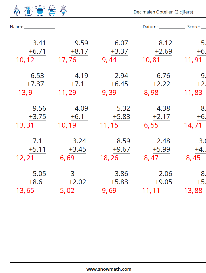 (25) Decimalen Optellen (2 cijfers) Wiskundige werkbladen 9 Vraag, Antwoord