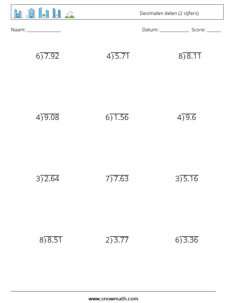 (12) Decimalen delen (2 cijfers) Wiskundige werkbladen 10