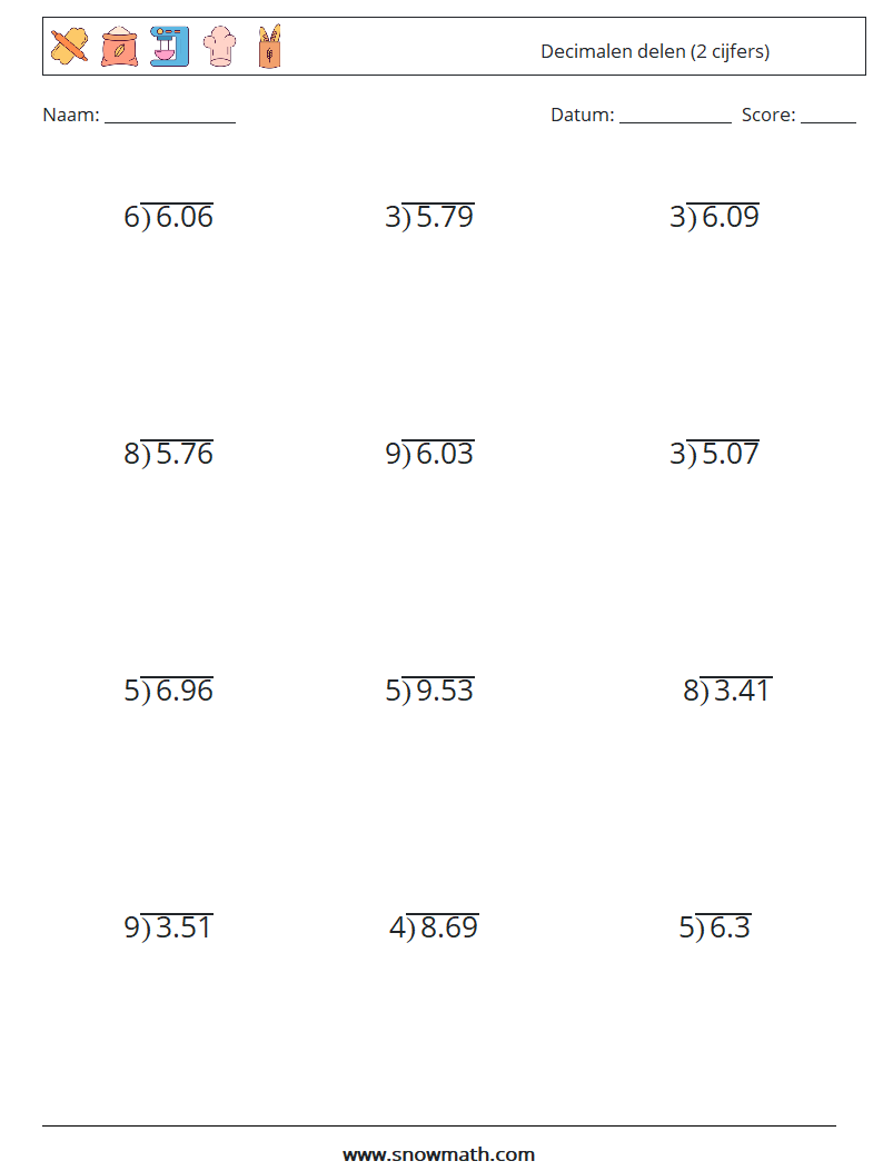 (12) Decimalen delen (2 cijfers) Wiskundige werkbladen 11