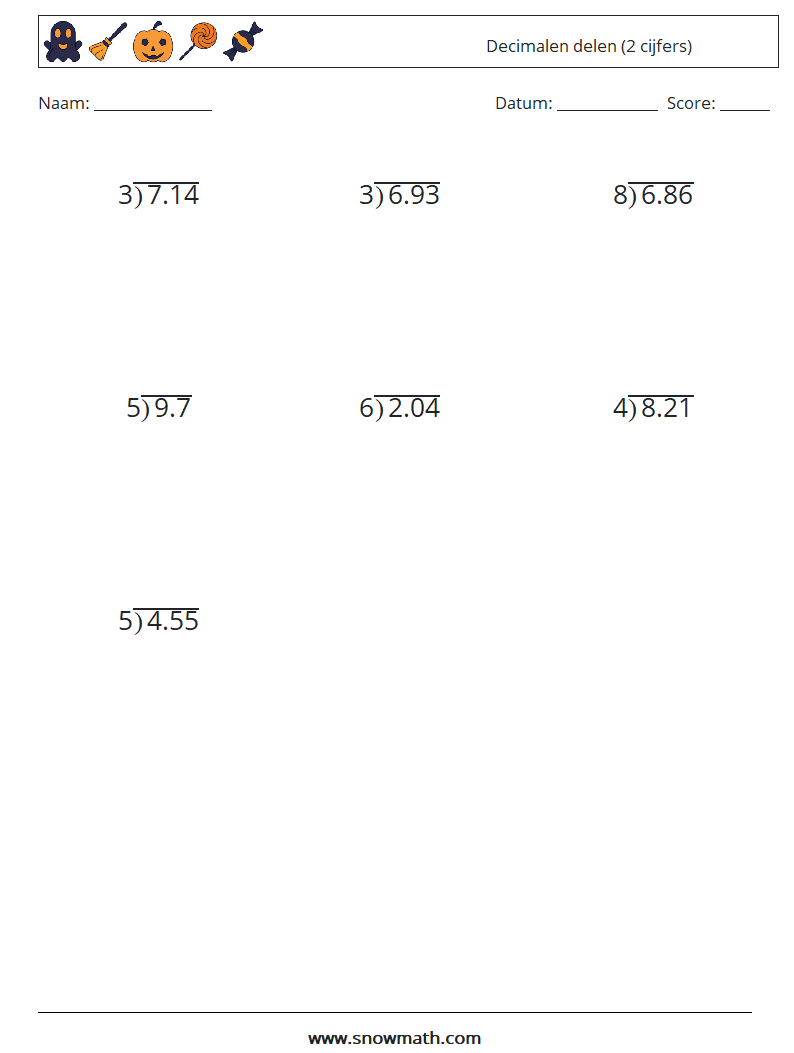 (12) Decimalen delen (2 cijfers) Wiskundige werkbladen 12