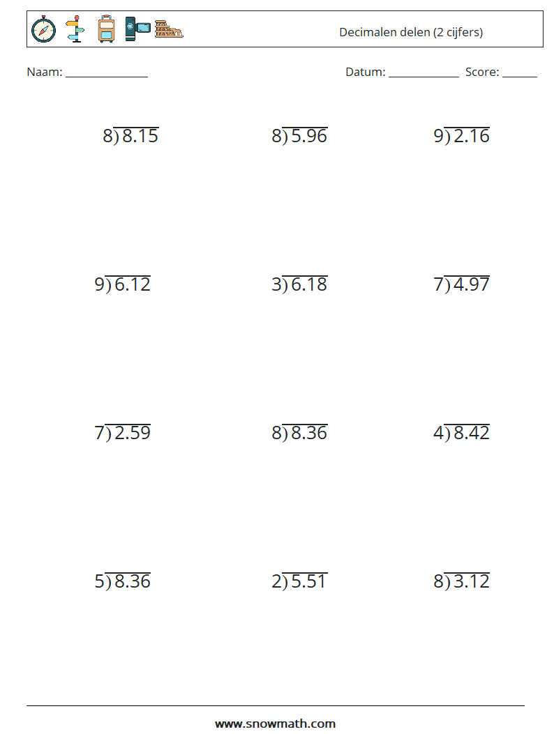 (12) Decimalen delen (2 cijfers) Wiskundige werkbladen 13
