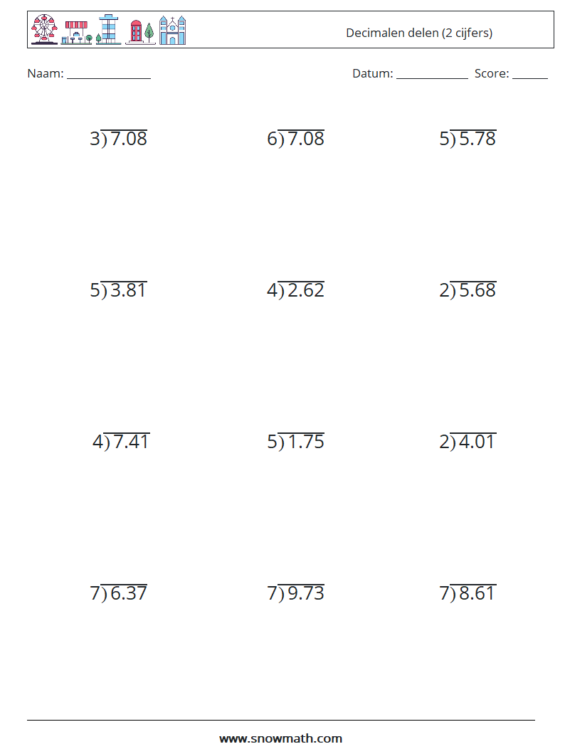 (12) Decimalen delen (2 cijfers) Wiskundige werkbladen 14