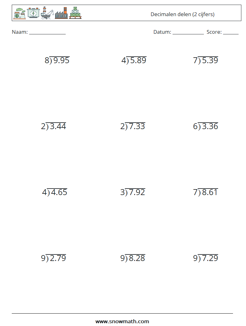 (12) Decimalen delen (2 cijfers) Wiskundige werkbladen 15