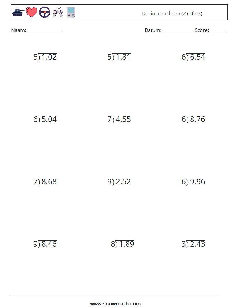 (12) Decimalen delen (2 cijfers) Wiskundige werkbladen 16