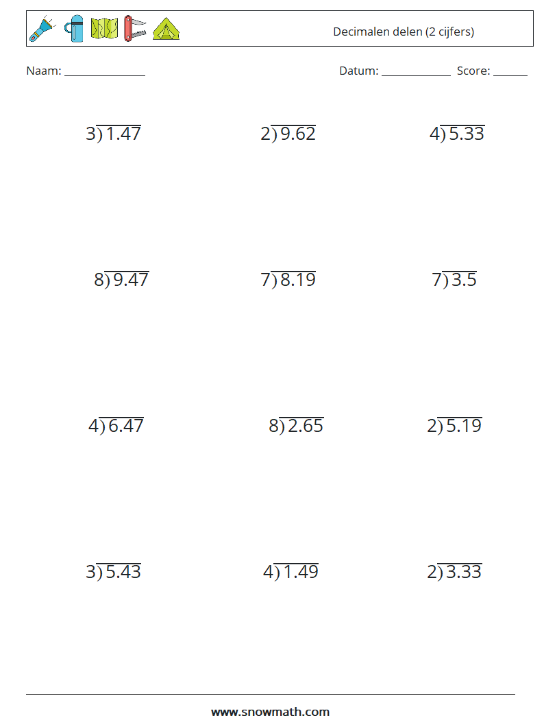 (12) Decimalen delen (2 cijfers) Wiskundige werkbladen 18