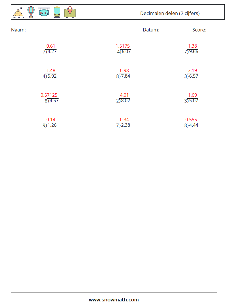 (12) Decimalen delen (2 cijfers) Wiskundige werkbladen 1 Vraag, Antwoord